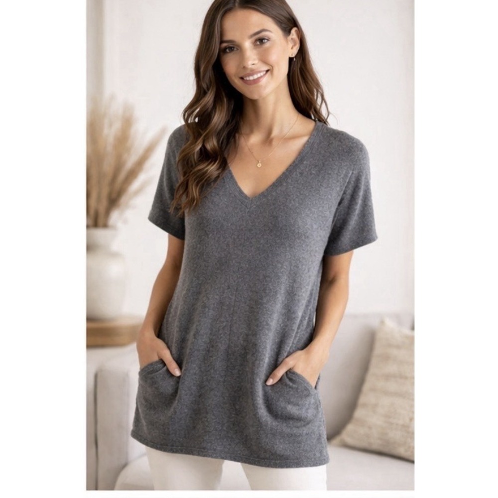 Vince 100% Cashmere Sweater Short Sleeve Tunic V-Neck S Gray Cozy Quiet Luxury